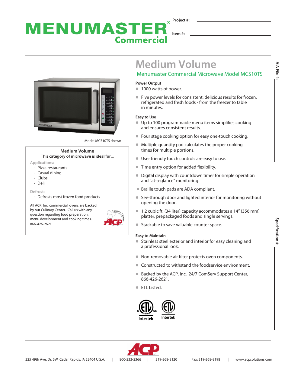 ACP MCS10TS Spec Sheet User Manual | 2 pages