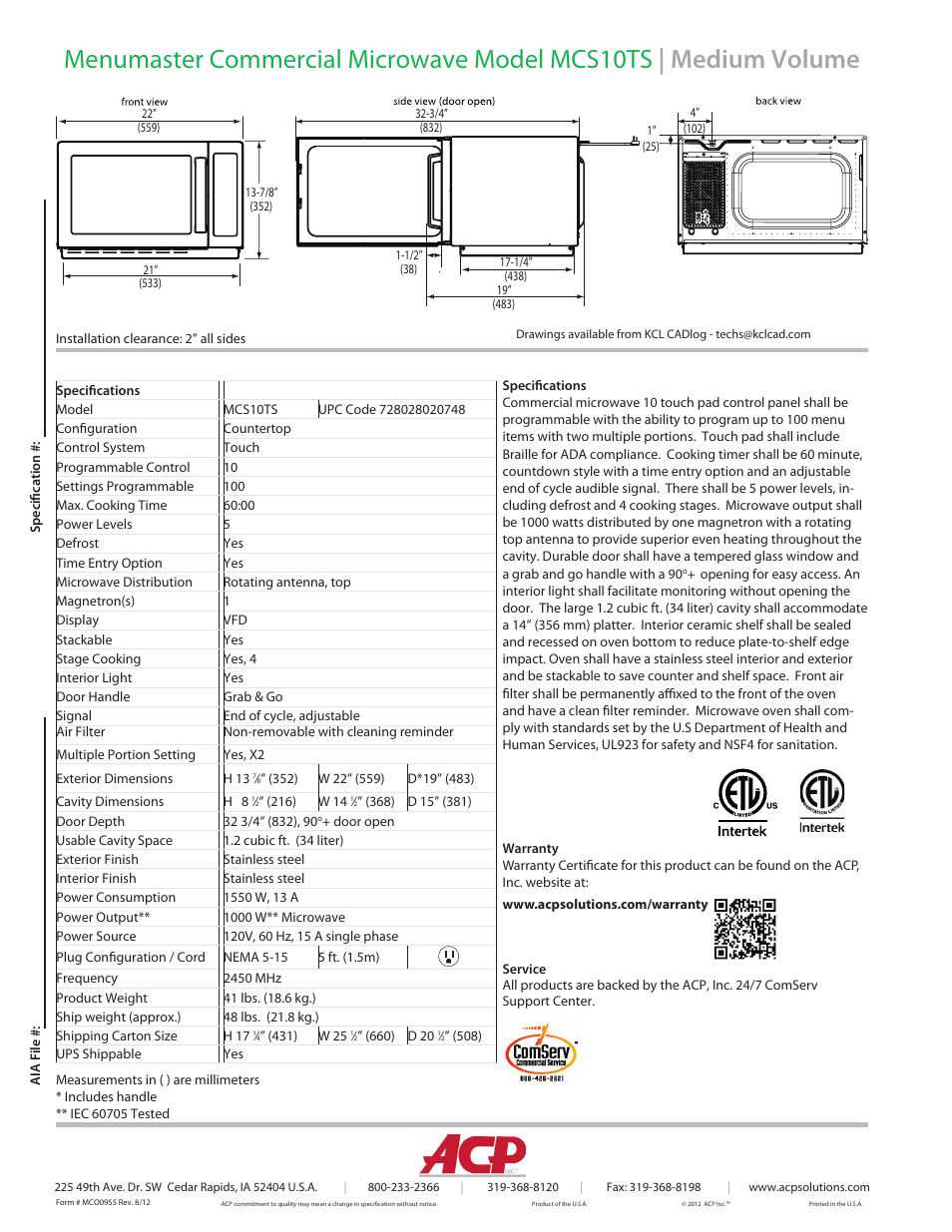ACP MCS10TS Spec Sheet User Manual | Page 2 / 2