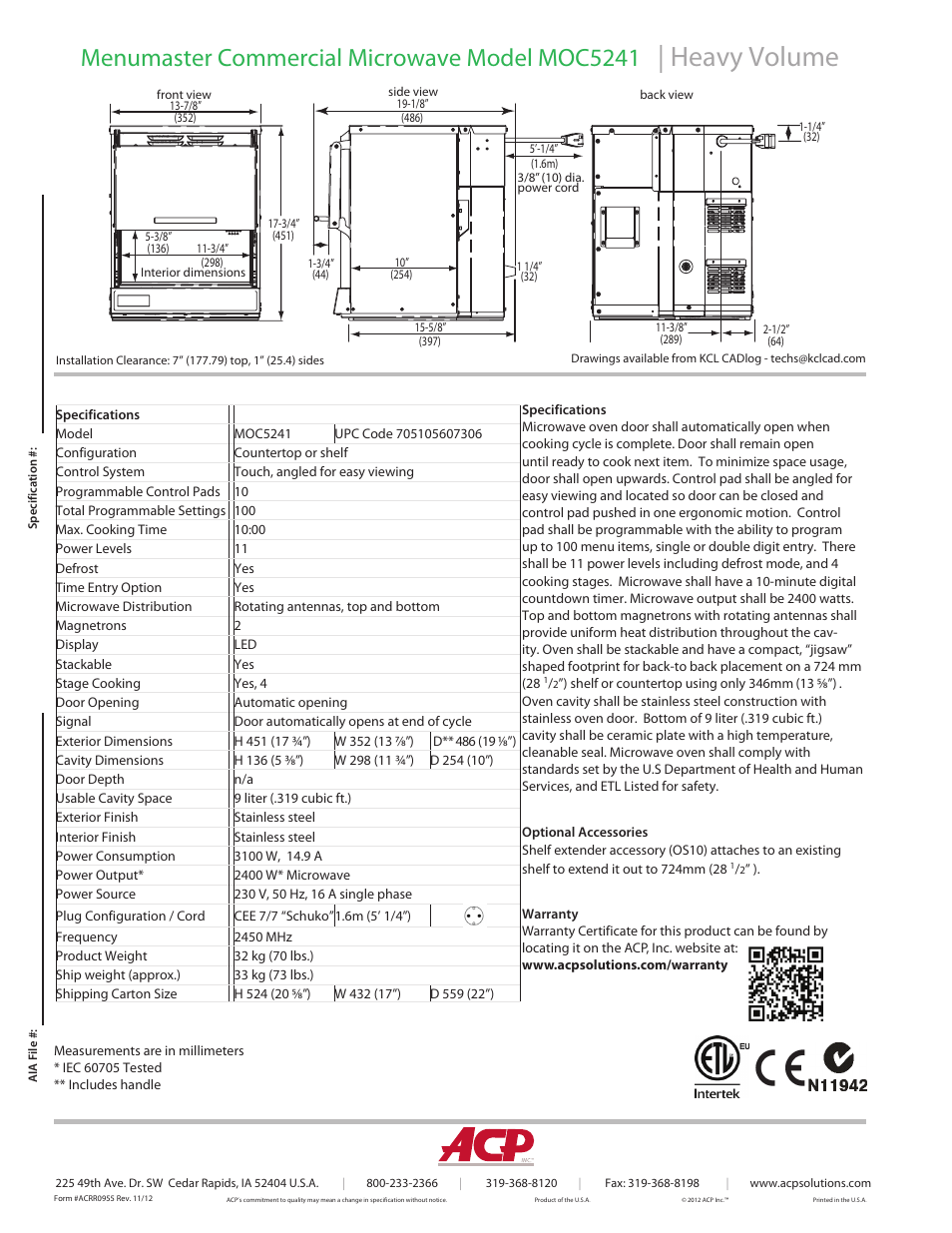 Heavy volume, Menumaster commercial microwave model moc5241 | ACP MOC5241 Spec Sheet User Manual | Page 2 / 2