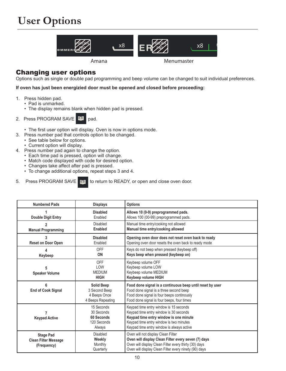 User options, Changing user options, Amana | Menumaster | ACP MRC30S2 Owner's Manual User Manual | Page 10 / 13