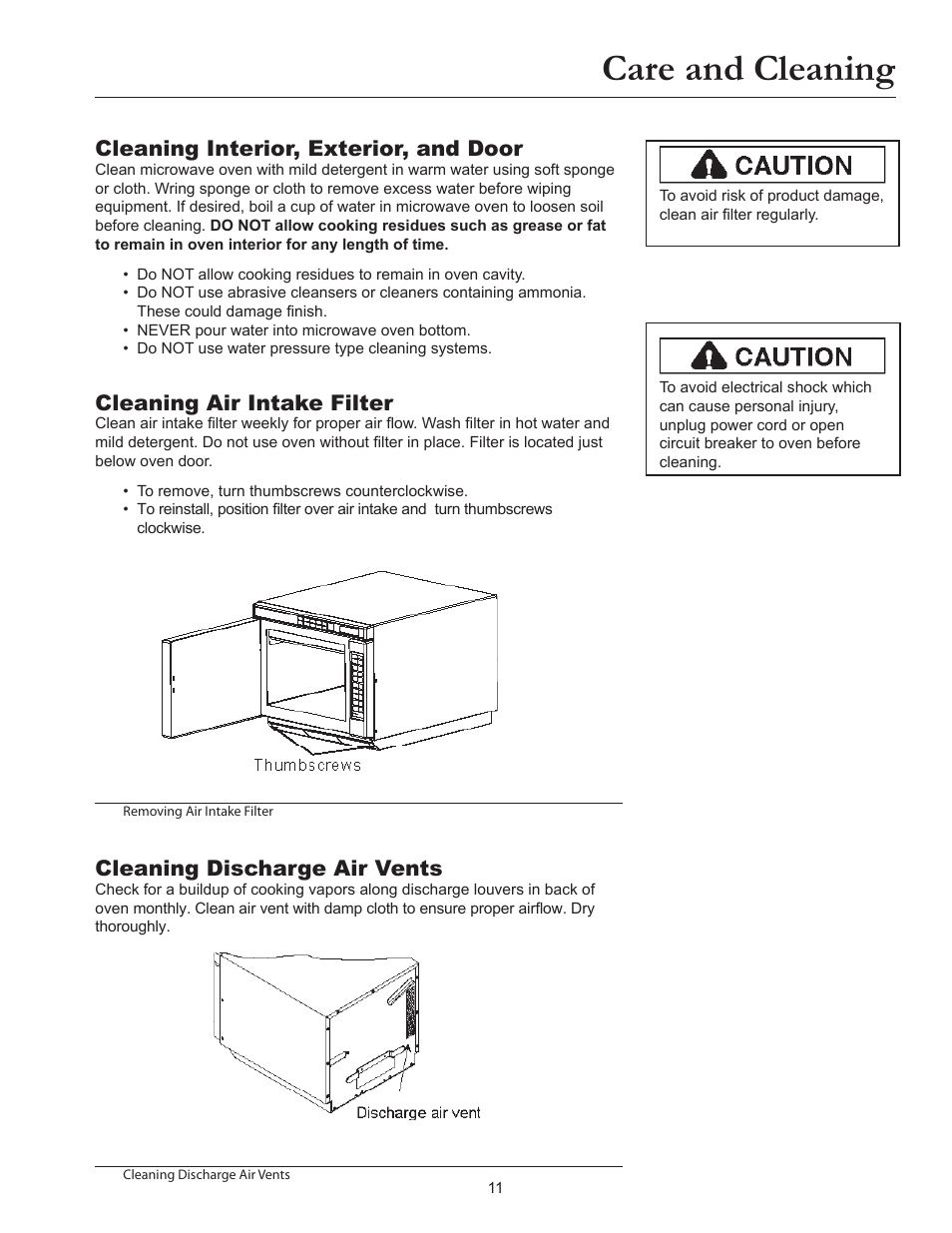 Care and cleaning, Cleaning interior, exterior, and door, Cleaning air intake filter | Cleaning discharge air vents | ACP MRC30S2 Owner's Manual User Manual | Page 11 / 13