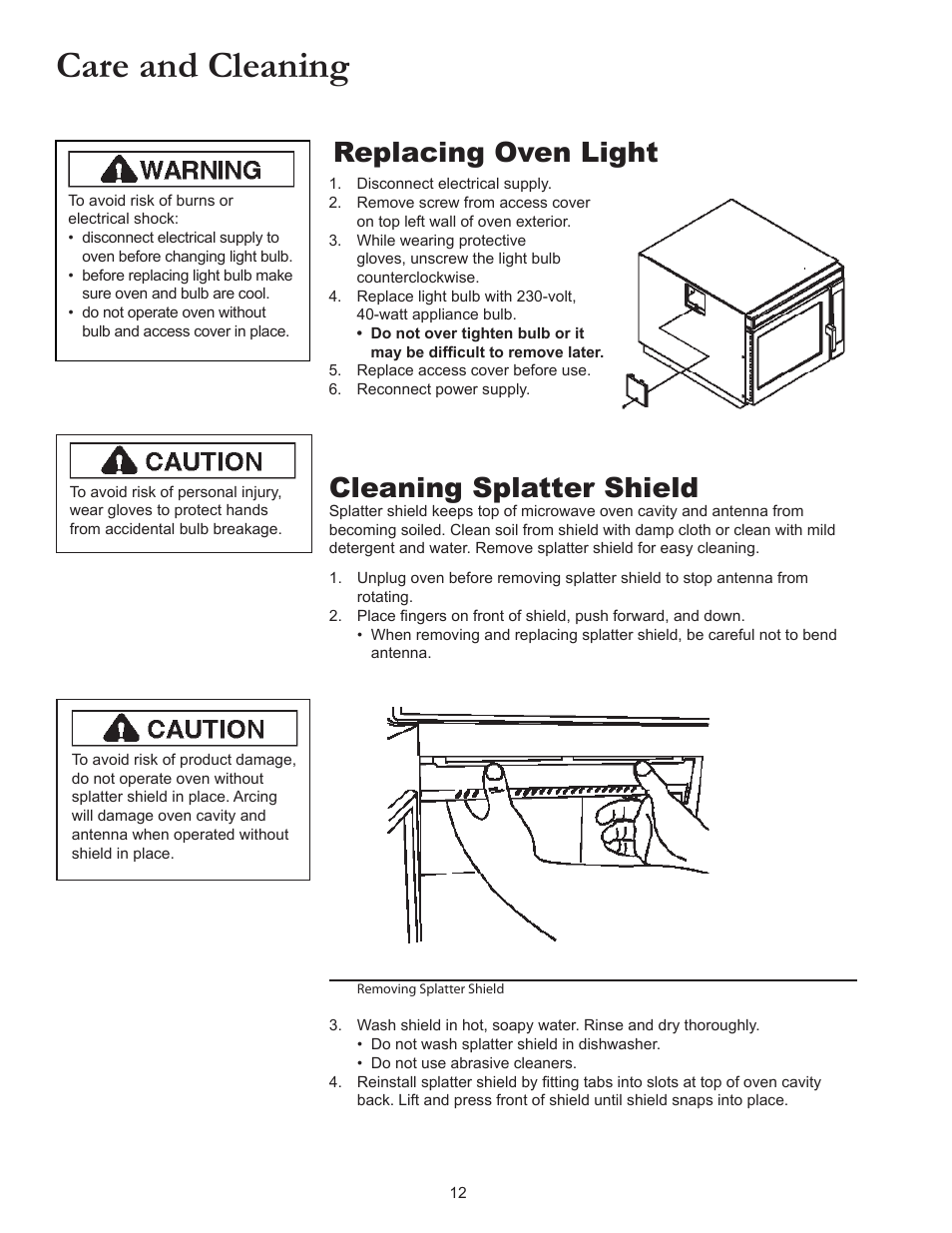 Care and cleaning, Cleaning splatter shield, Replacing oven light | ACP MRC30S2 Owner's Manual User Manual | Page 12 / 13