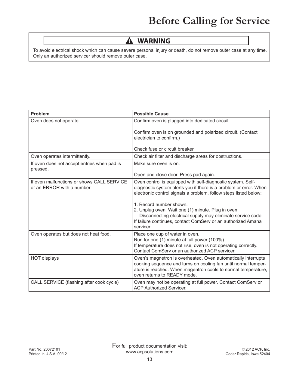 Before calling for service | ACP MRC30S2 Owner's Manual User Manual | Page 13 / 13