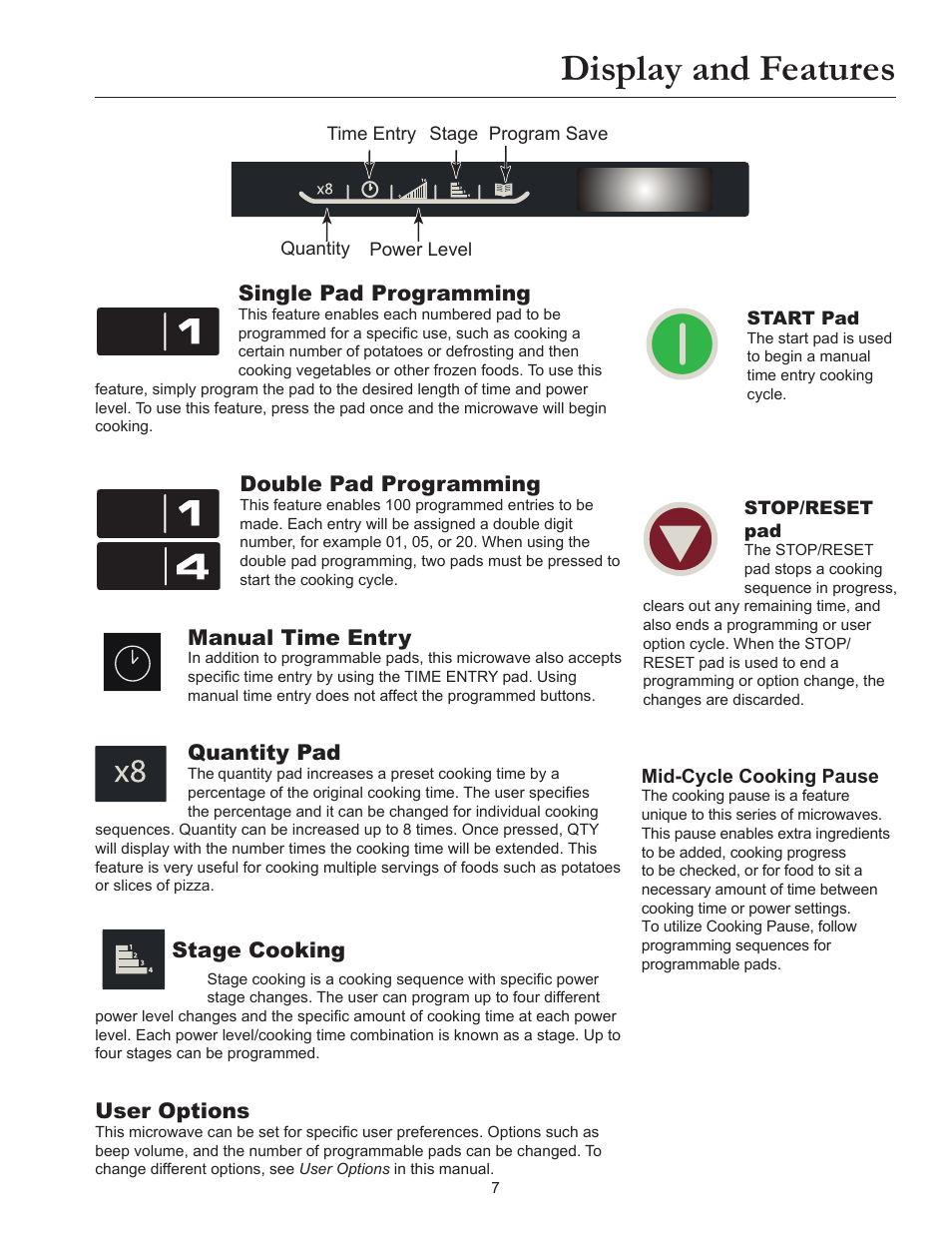 Display and features, Single pad programming, Double pad programming | Manual time entry, Quantity pad, Stage cooking, User options | ACP MRC30S2 Owner's Manual User Manual | Page 7 / 13