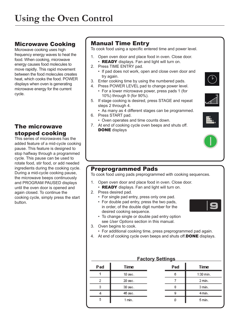 Using the oven control, Microwave cooking, Manual time entry | Preprogrammed pads, The microwave stopped cooking | ACP MRC30S2 Owner's Manual User Manual | Page 8 / 13