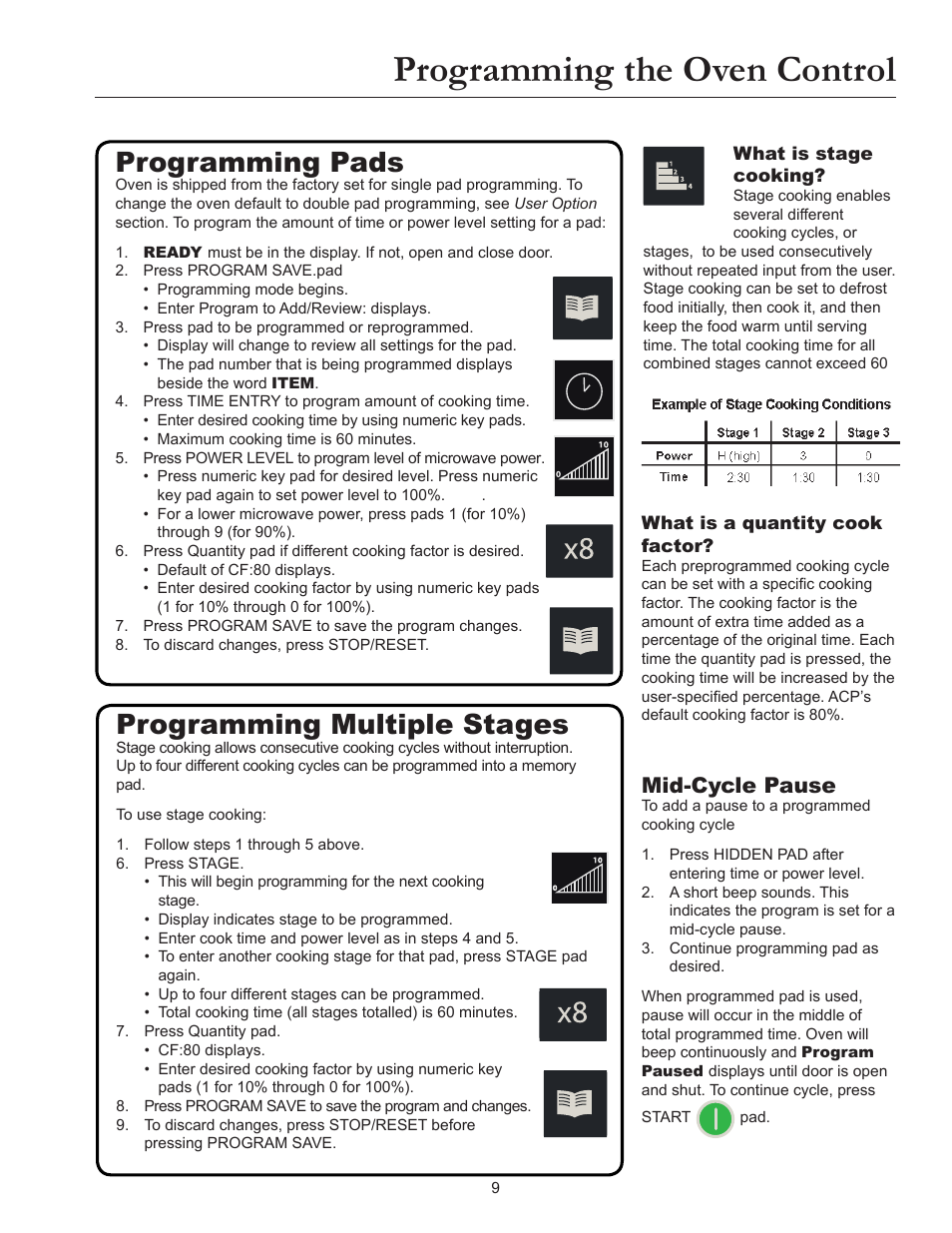 Programming the oven control, Programming multiple stages, Programming pads | Mid-cycle pause | ACP MRC30S2 Owner's Manual User Manual | Page 9 / 13