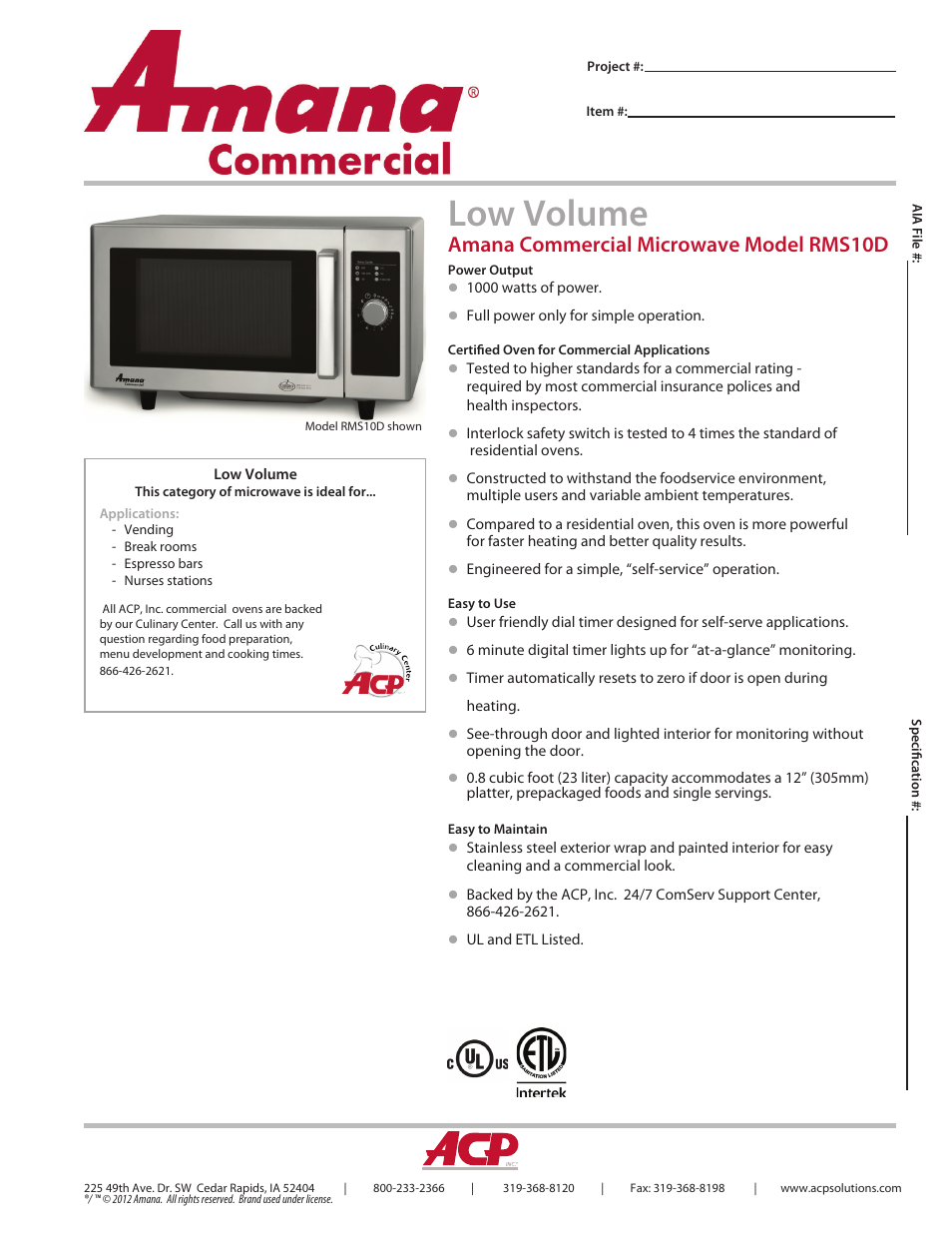 ACP RMS10D Spec Sheet User Manual | 2 pages