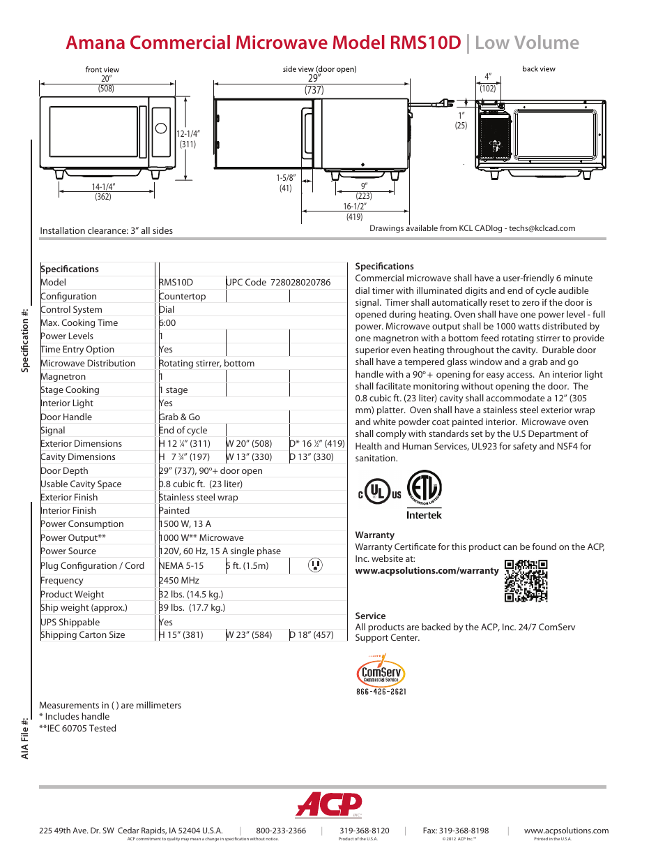 ACP RMS10D Spec Sheet User Manual | Page 2 / 2
