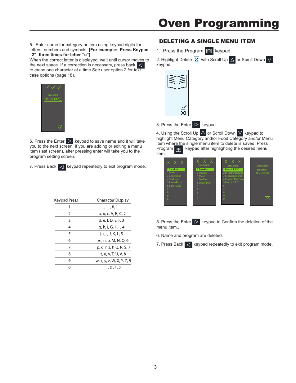 Oven programming, Deleting a single menu item, Press the program keypad | X x x | ACP MXP22 Owner's Manual User Manual | Page 13 / 19