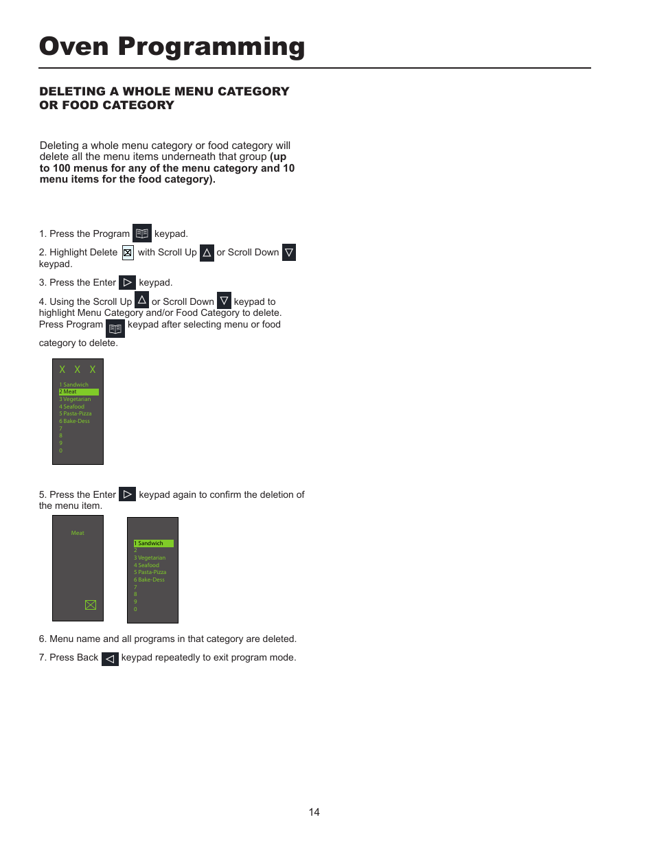 Oven programming, Deleting a whole menu category or food category | ACP MXP22 Owner's Manual User Manual | Page 14 / 19