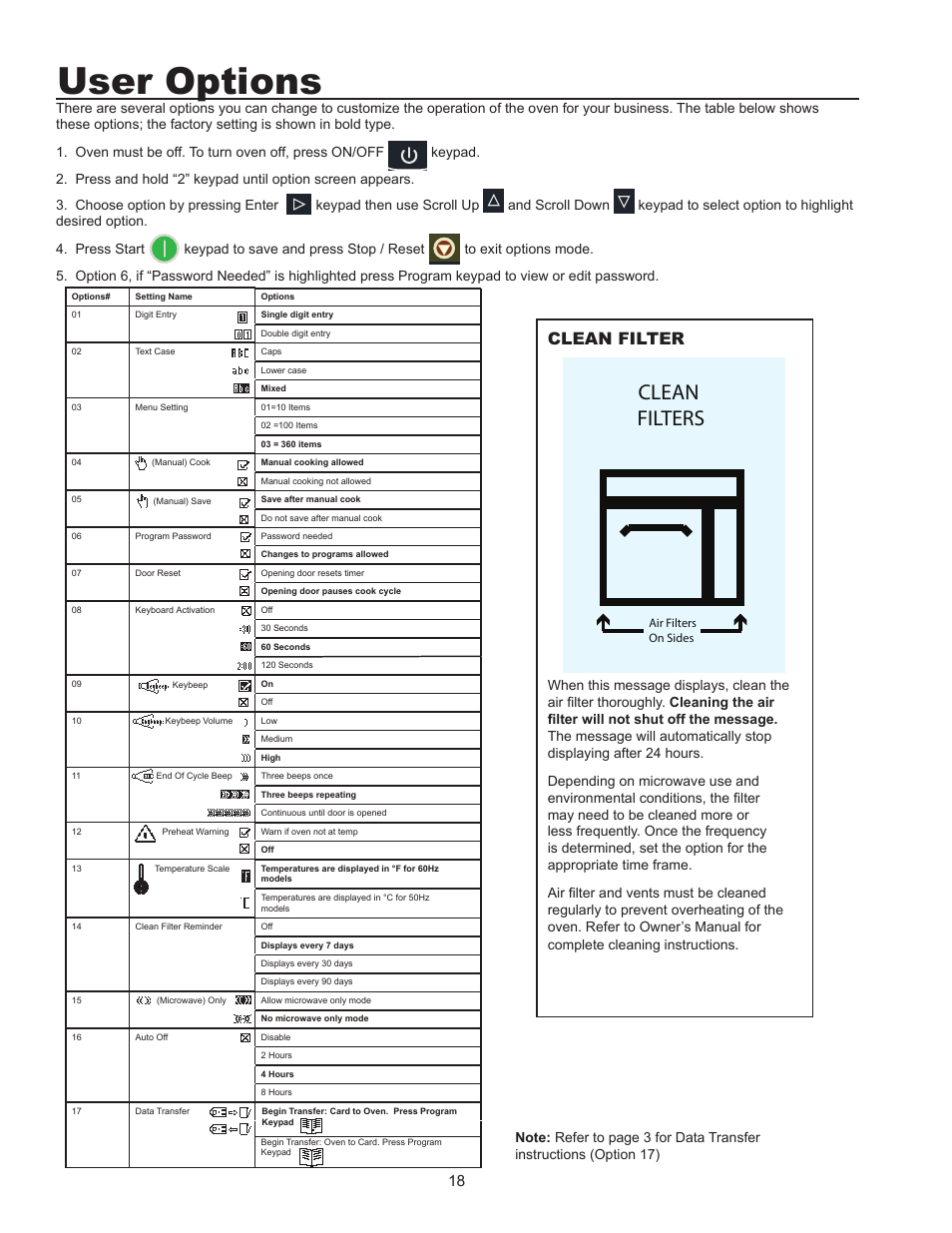 User options, Clean filters, Clean filter | ACP MXP22 Owner's Manual User Manual | Page 18 / 19