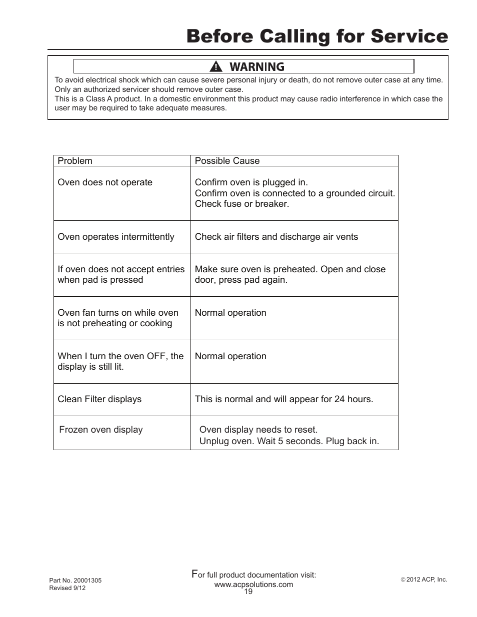 Before calling for service | ACP MXP22 Owner's Manual User Manual | Page 19 / 19