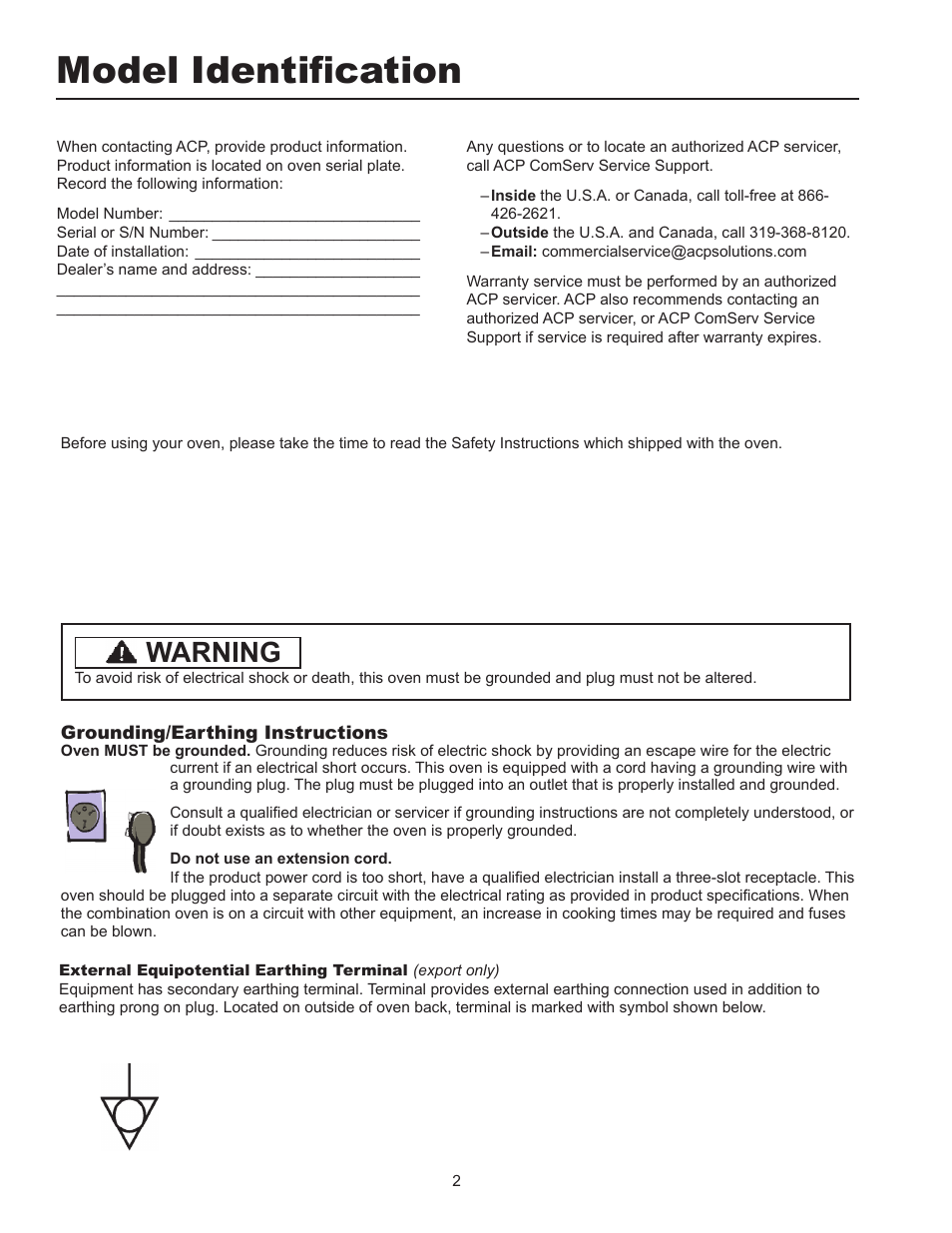 Model identification, Warning | ACP MXP22 Owner's Manual User Manual | Page 2 / 19