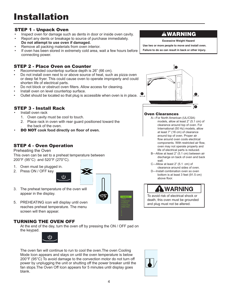 Installation, Warning, Step 3 - install rack | Step 2 - place oven on counter, Step 1 - unpack oven, Step 4 - oven operation, Turning the oven off, Preheating the oven | ACP MXP22 Owner's Manual User Manual | Page 4 / 19