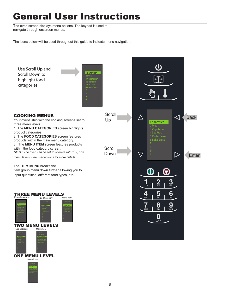 General user instructions, Back, Enter | Cooking menus, Three menu levels two menu levels one menu level | ACP MXP22 Owner's Manual User Manual | Page 8 / 19