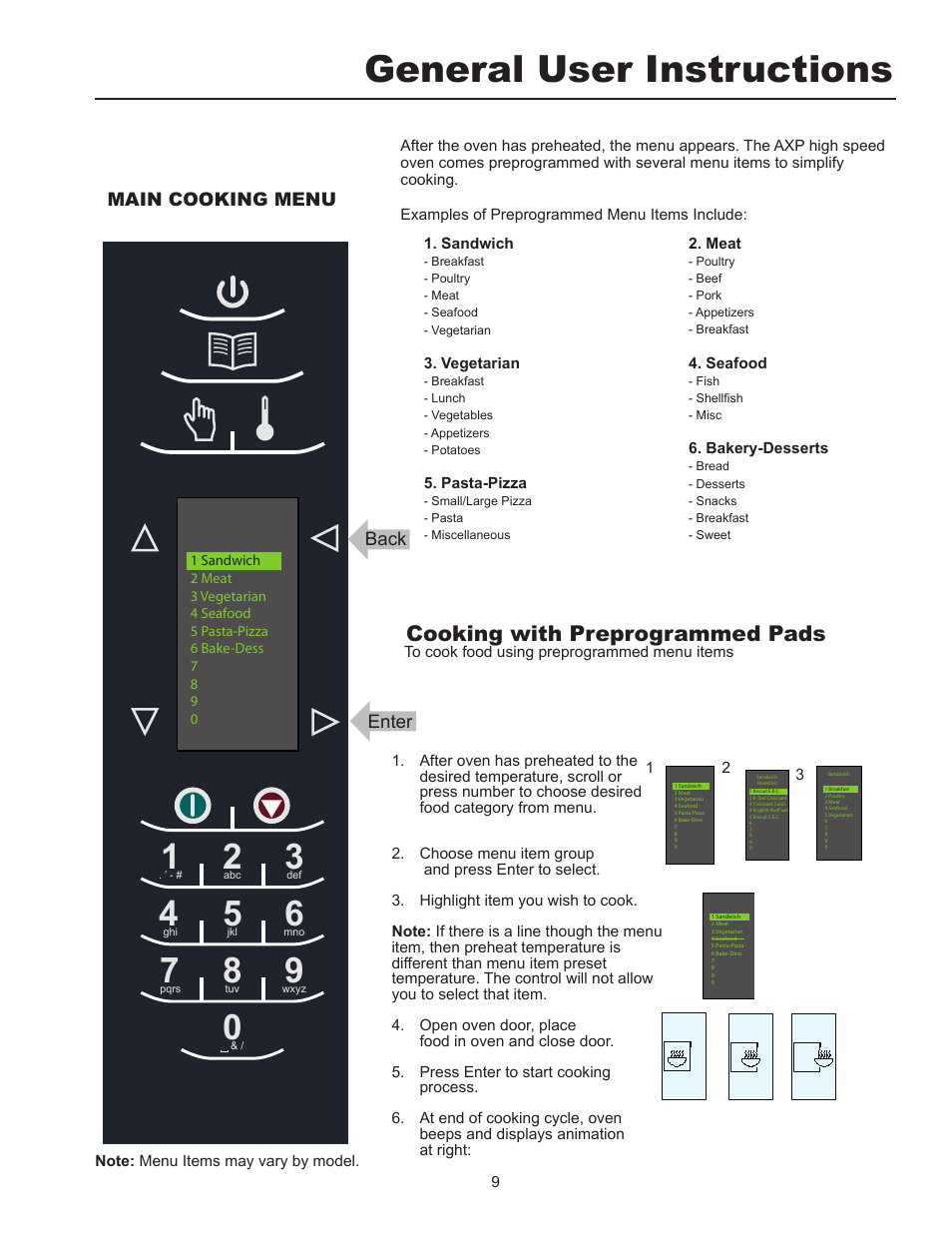 General user instructions, Cooking with preprogrammed pads, Main cooking menu | Enter, Back | ACP MXP22 Owner's Manual User Manual | Page 9 / 19