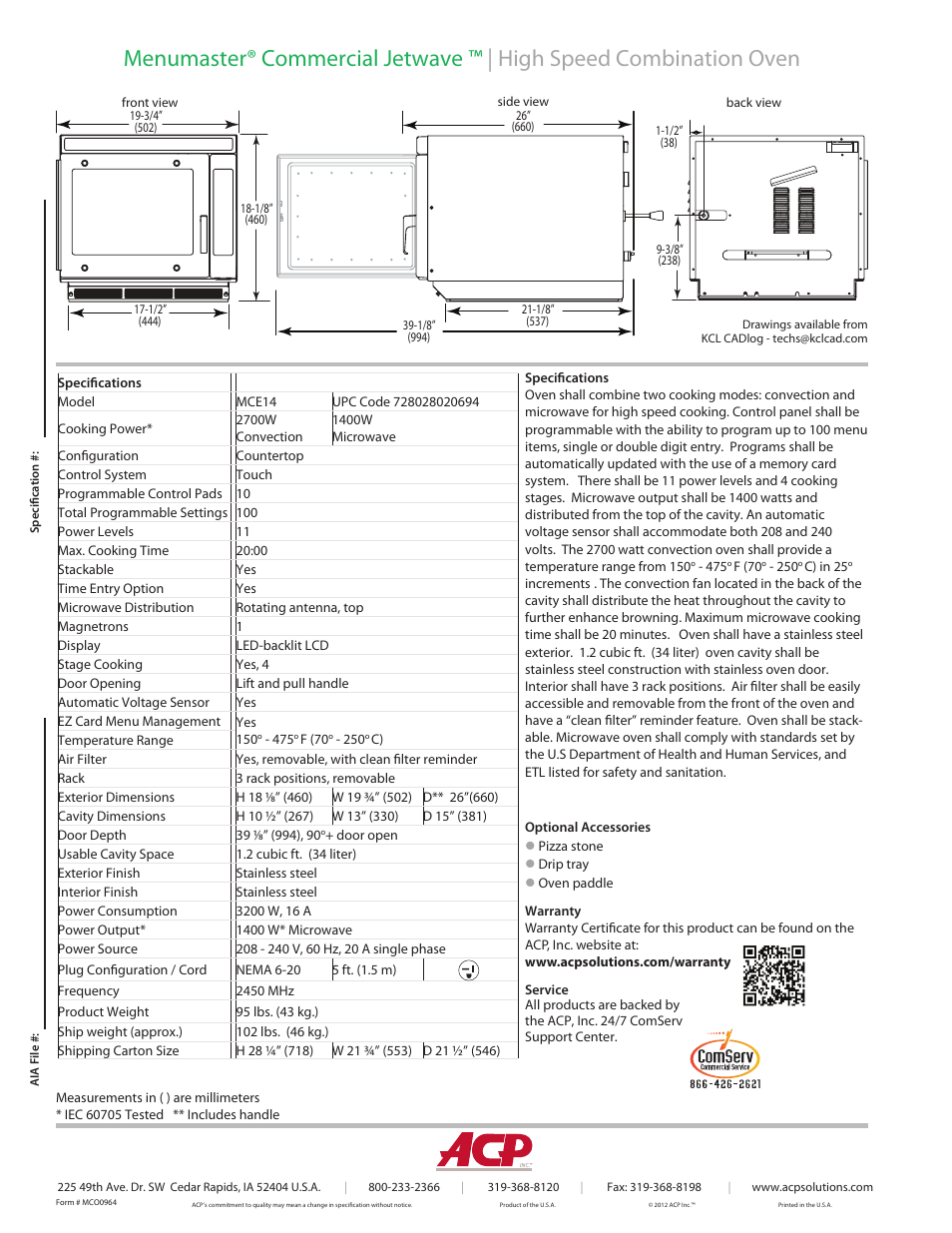 ACP MCE14 Spec Sheet User Manual | Page 2 / 2