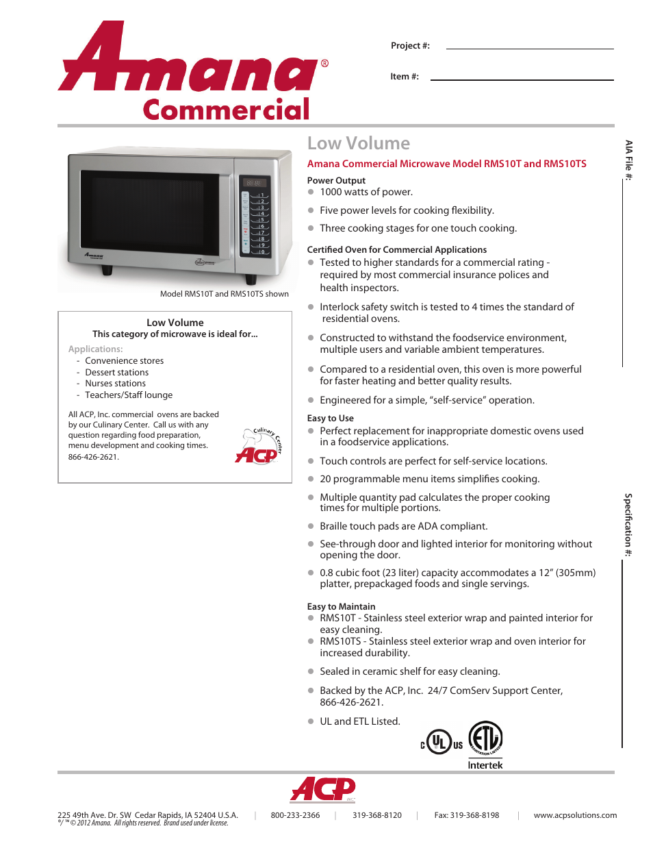 ACP RMS10TS Spec Sheet User Manual | 2 pages