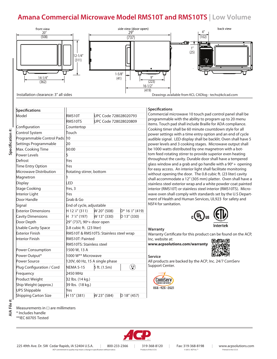 ACP RMS10TS Spec Sheet User Manual | Page 2 / 2