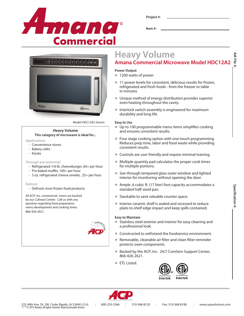 ACP HDC12A2 Spec Sheet User Manual | 2 pages