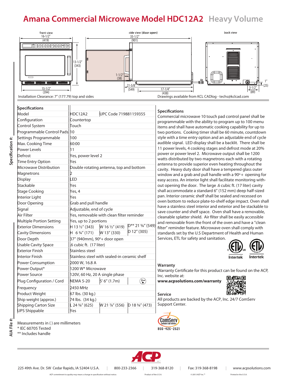 ACP HDC12A2 Spec Sheet User Manual | Page 2 / 2