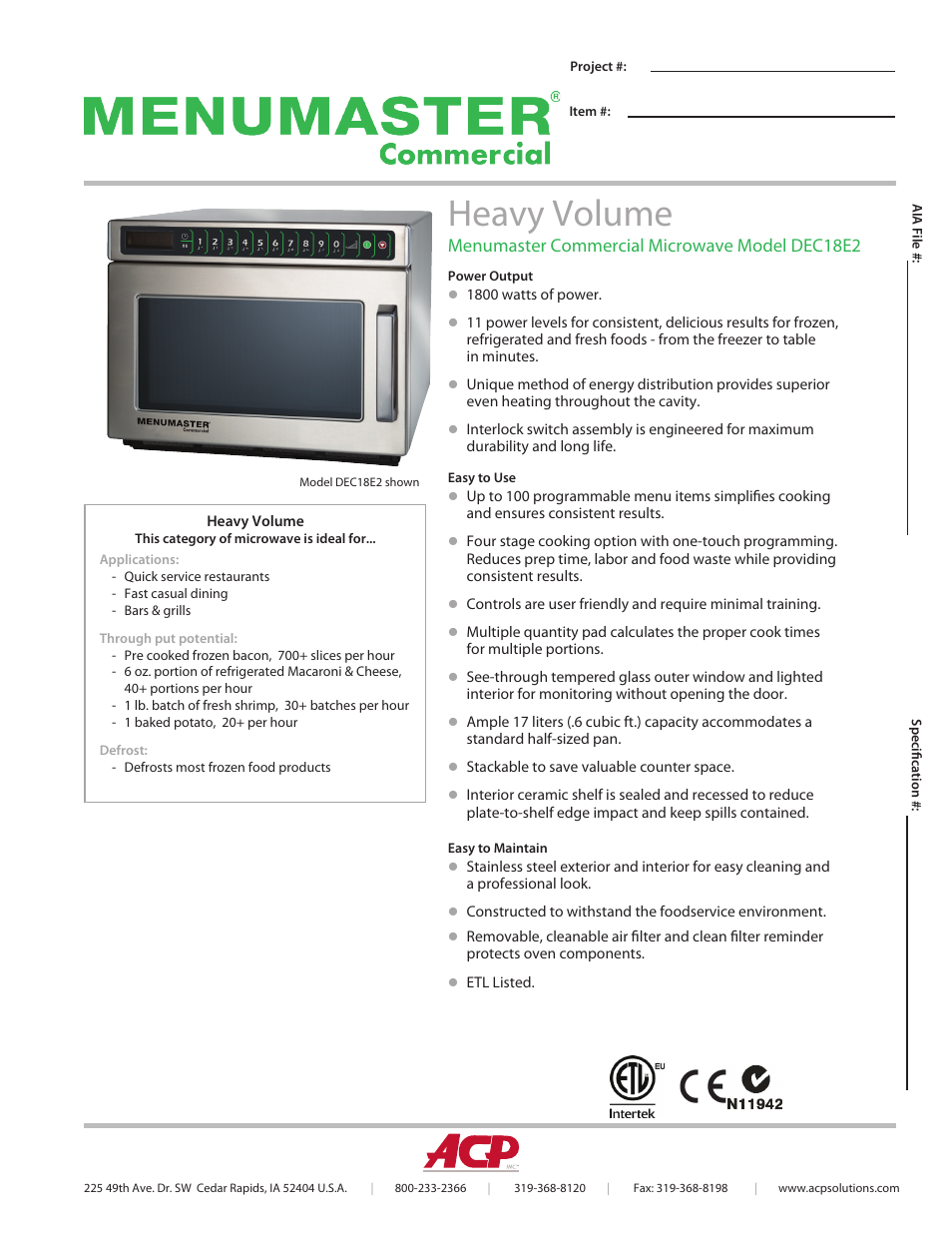 ACP DEC18E2 Spec Sheet User Manual | 2 pages