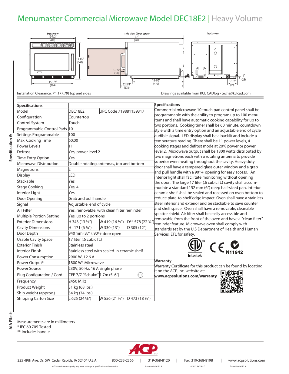 ACP DEC18E2 Spec Sheet User Manual | Page 2 / 2