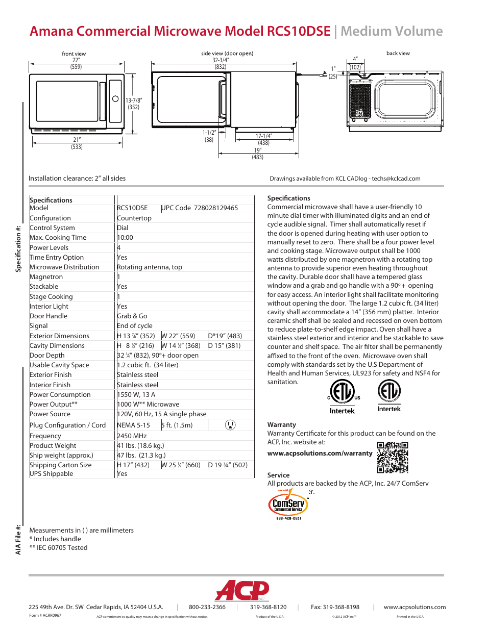 ACP RCS10DSE Spec Sheet User Manual | Page 2 / 2