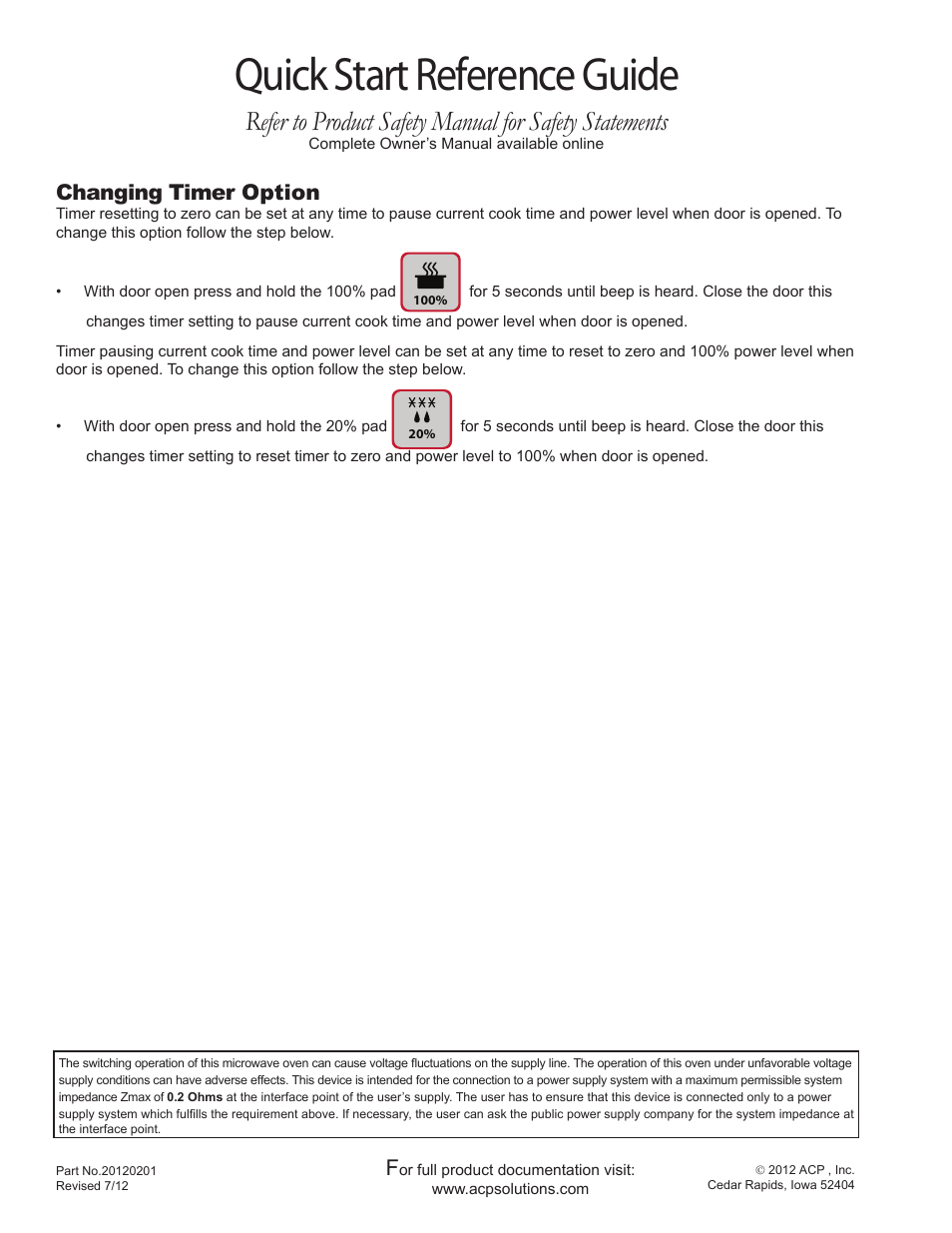 Quick start reference guide, Changing timer option | ACP RCS10DSE Quick Start Guide User Manual | Page 2 / 8