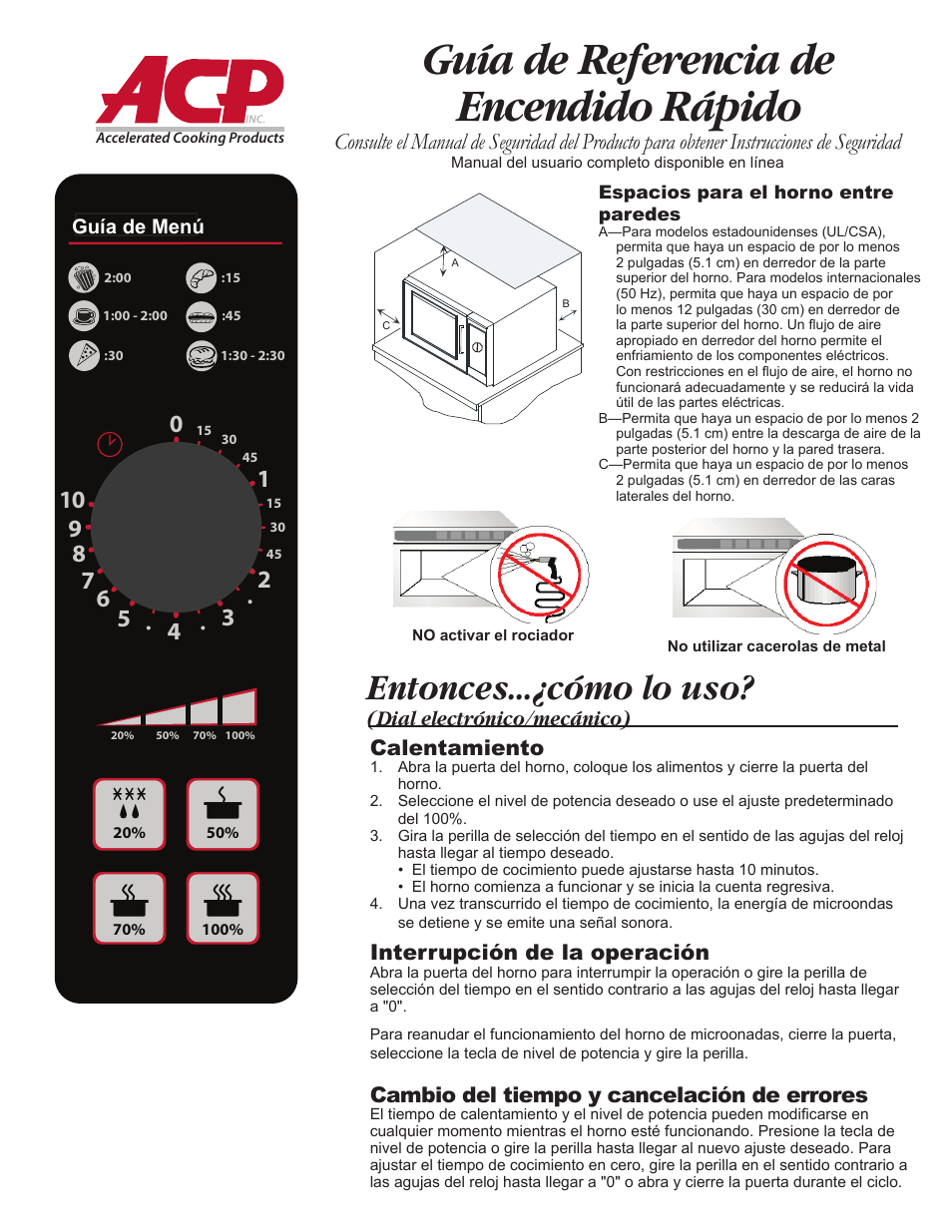 20120201_sp, Guía de referencia de encendido rápido, Entonces...¿cómo lo uso | Dial electrónico/mecánico) calentamiento, Interrupción de la operación, Cambio del tiempo y cancelación de errores, Menu guide | ACP RCS10DSE Quick Start Guide User Manual | Page 3 / 8