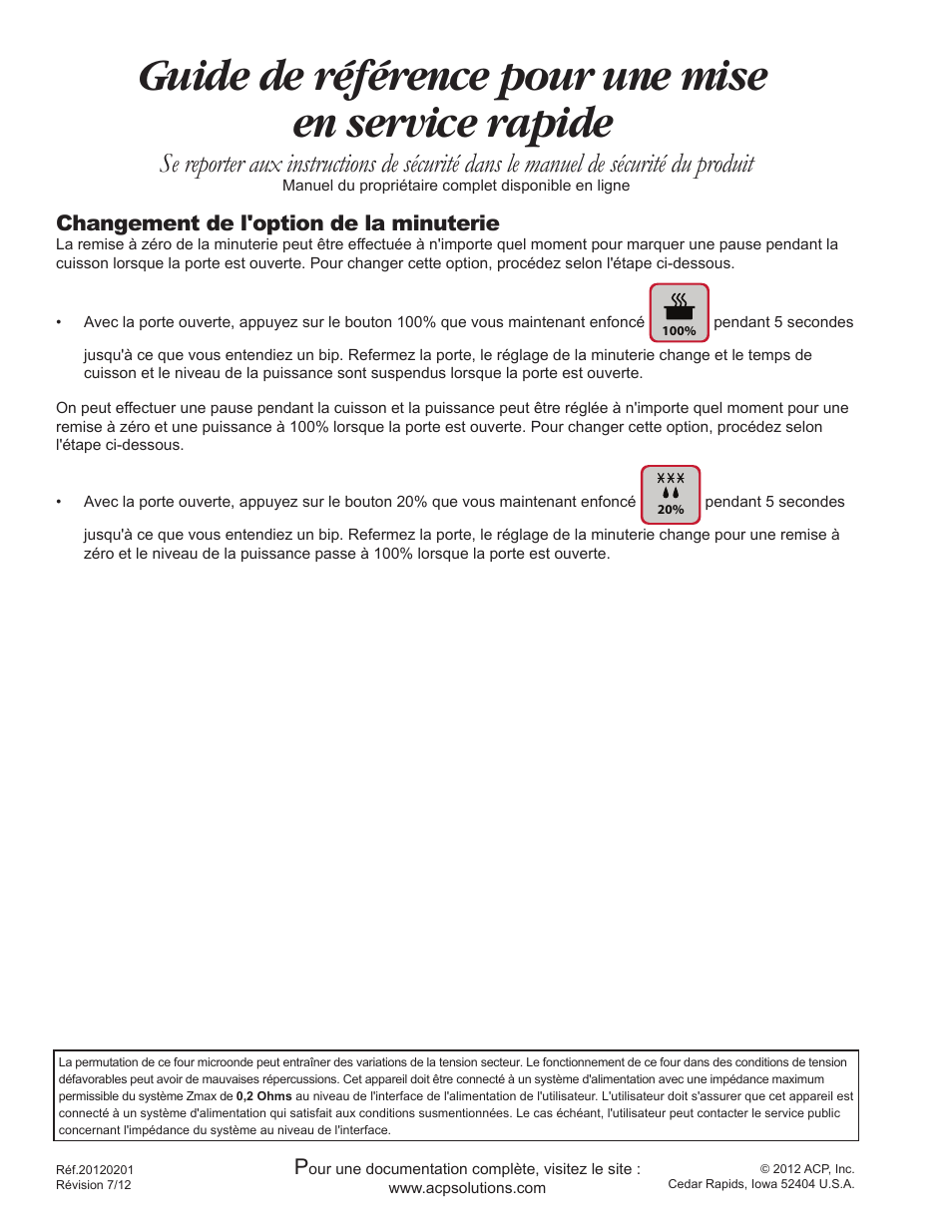 Guide de référence pour une mise en service rapide, Changement de l'option de la minuterie | ACP RCS10DSE Quick Start Guide User Manual | Page 6 / 8