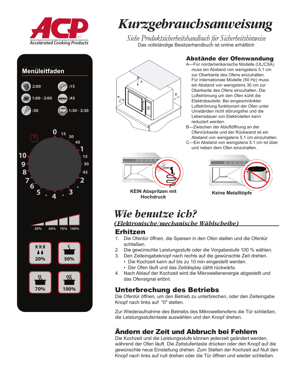20120201_de, Kurzgebrauchsanweisung, Wie benutze ich | Elektronische/mechanische wählscheibe) erhitzen, Unterbrechung des betriebs, Ändern der zeit und abbruch bei fehlern, Menu guide | ACP RCS10DSE Quick Start Guide User Manual | Page 7 / 8
