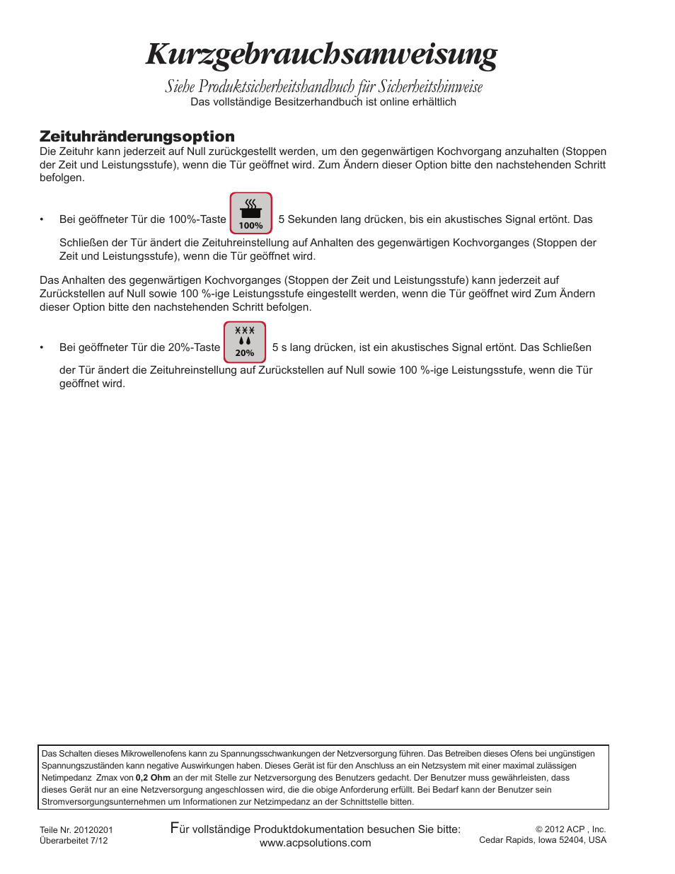 Kurzgebrauchsanweisung, Zeituhränderungsoption | ACP RCS10DSE Quick Start Guide User Manual | Page 8 / 8