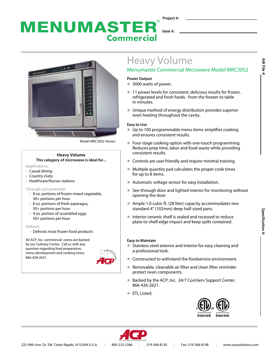 ACP MRC30S2 Spec Sheet User Manual | 2 pages