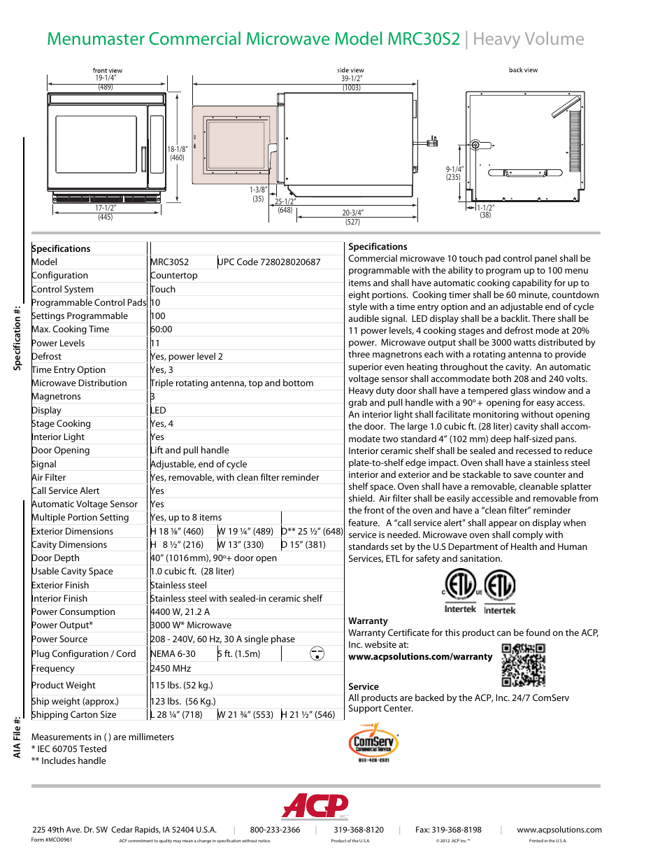 ACP MRC30S2 Spec Sheet User Manual | Page 2 / 2