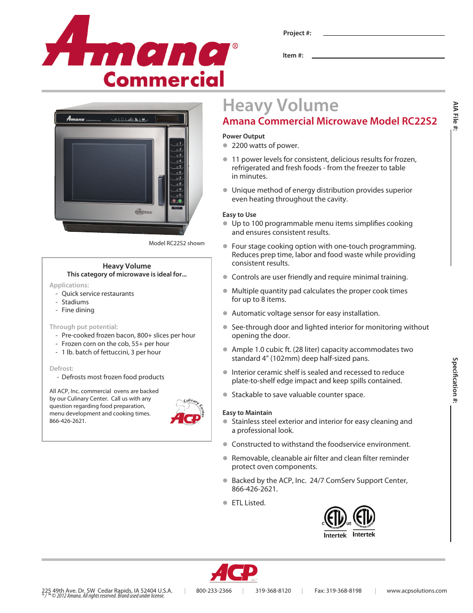 ACP RC22S2 Spec Sheet User Manual | 2 pages