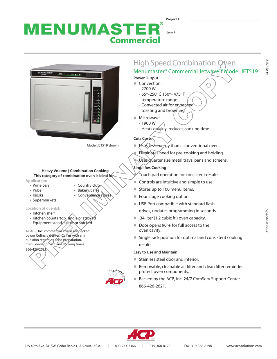 ACP JET519 Spec Sheet User Manual | 2 pages