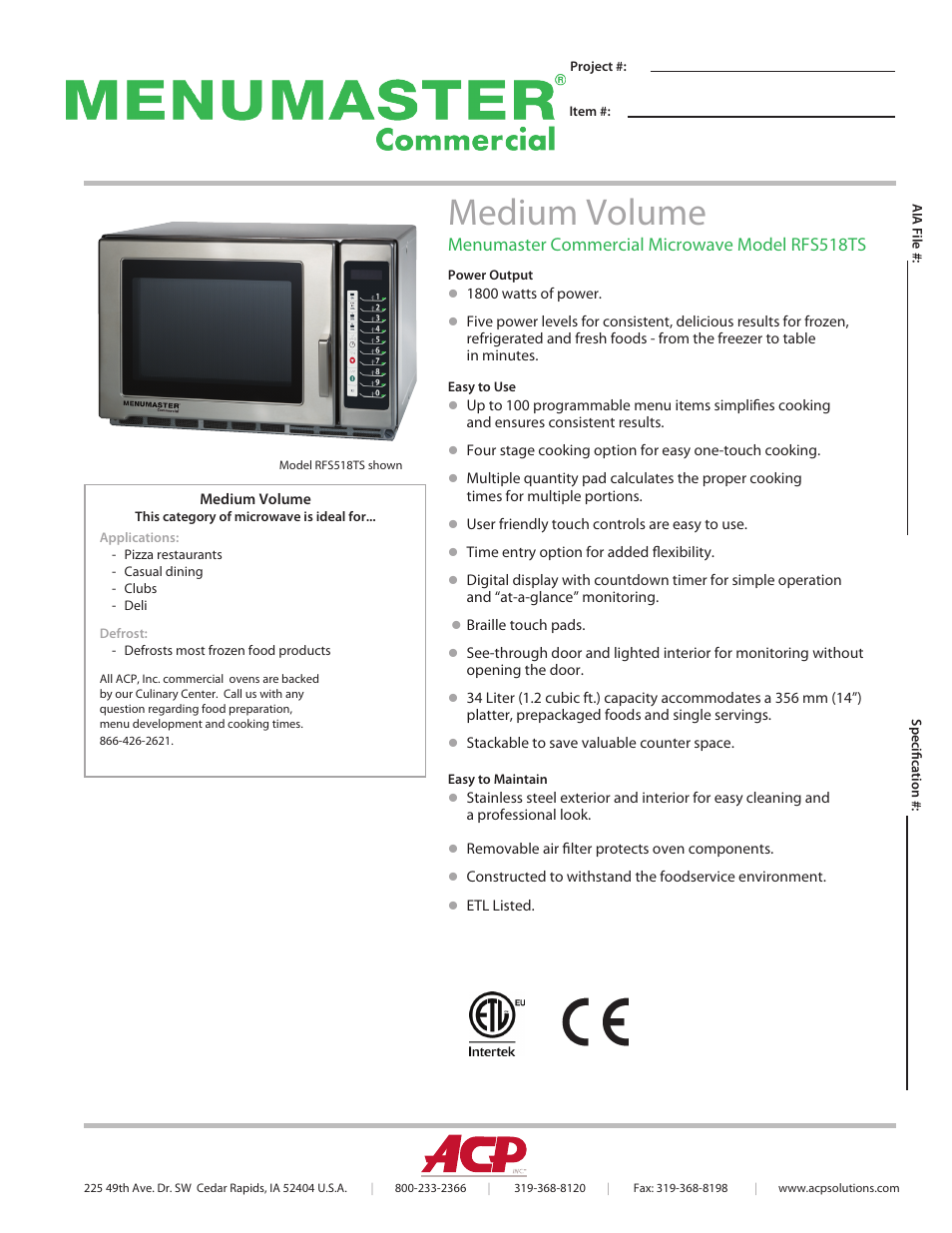 ACP RFS518TS Spec Sheet User Manual | 2 pages