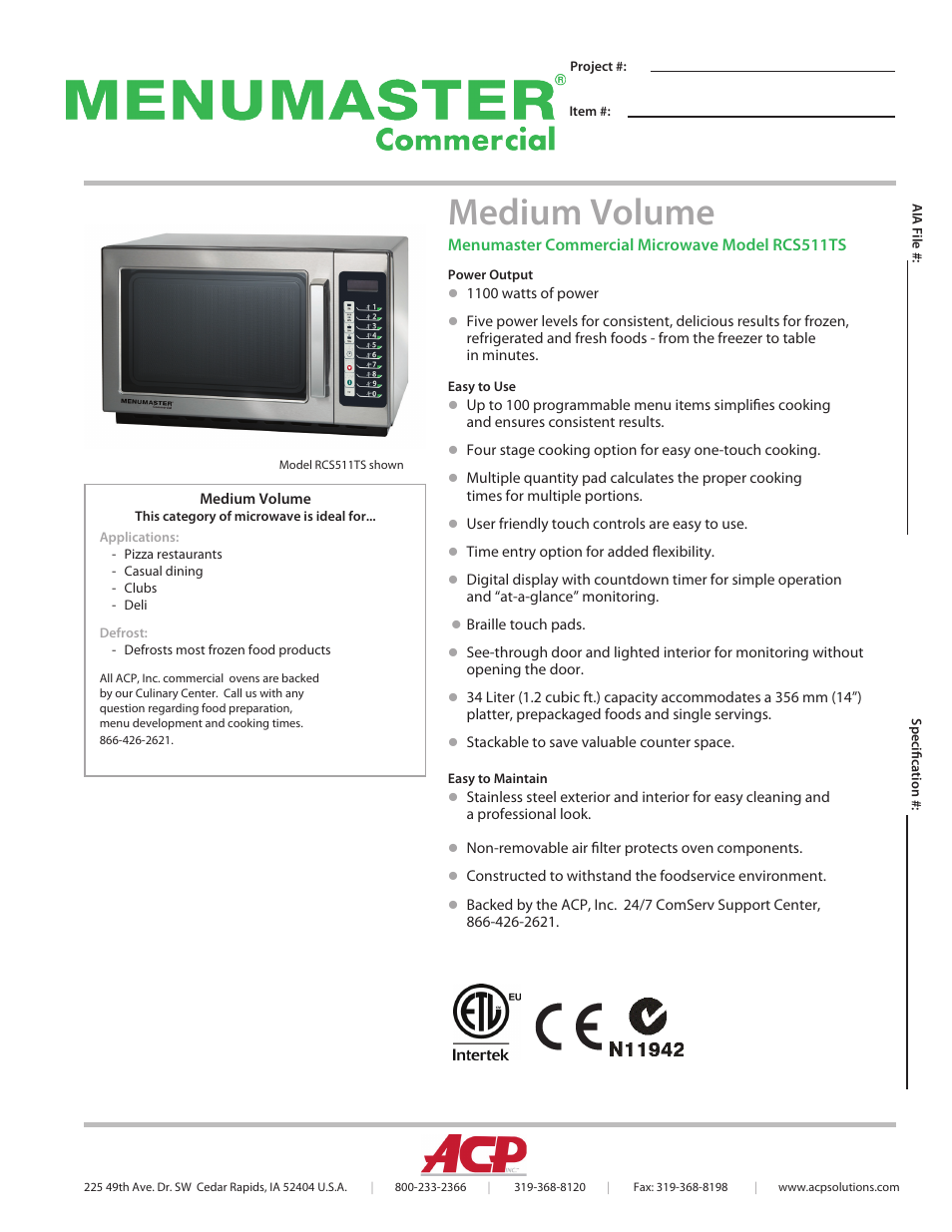 ACP RCS511TS Spec Sheet User Manual | 2 pages