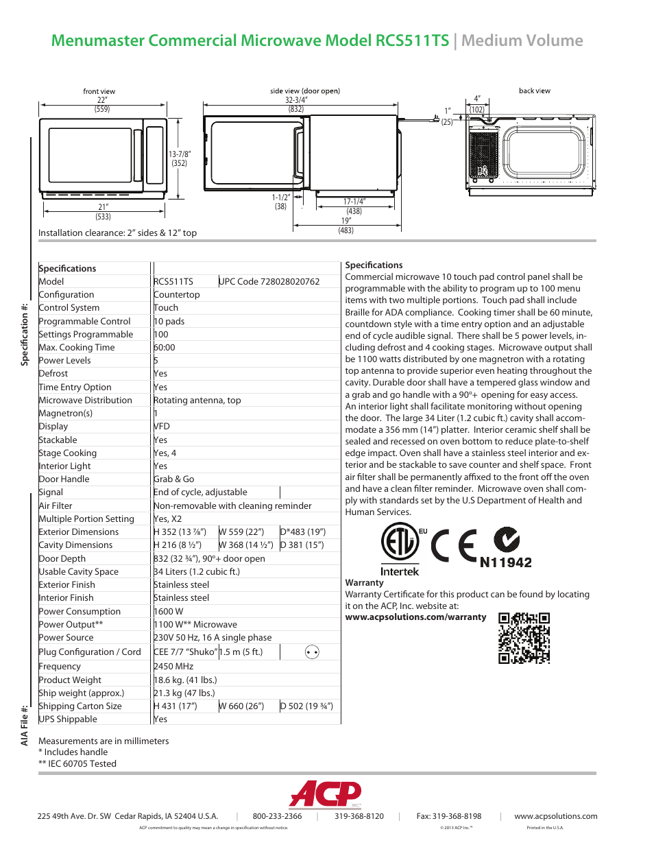 ACP RCS511TS Spec Sheet User Manual | Page 2 / 2