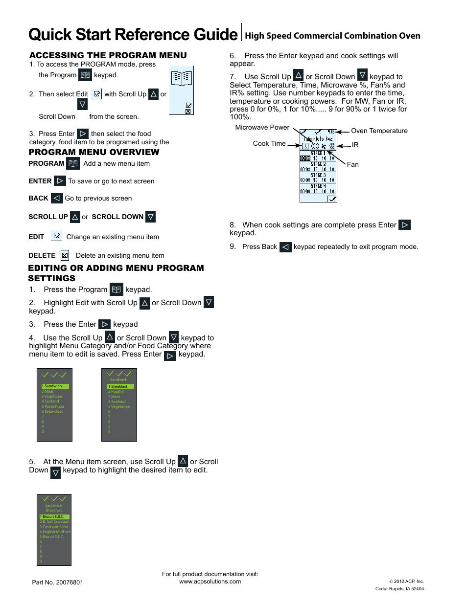 Quick start reference guide, High speed commercial combination oven, Accessing the program menu | ACP MXP22 Quick Start Guide User Manual | Page 4 / 6