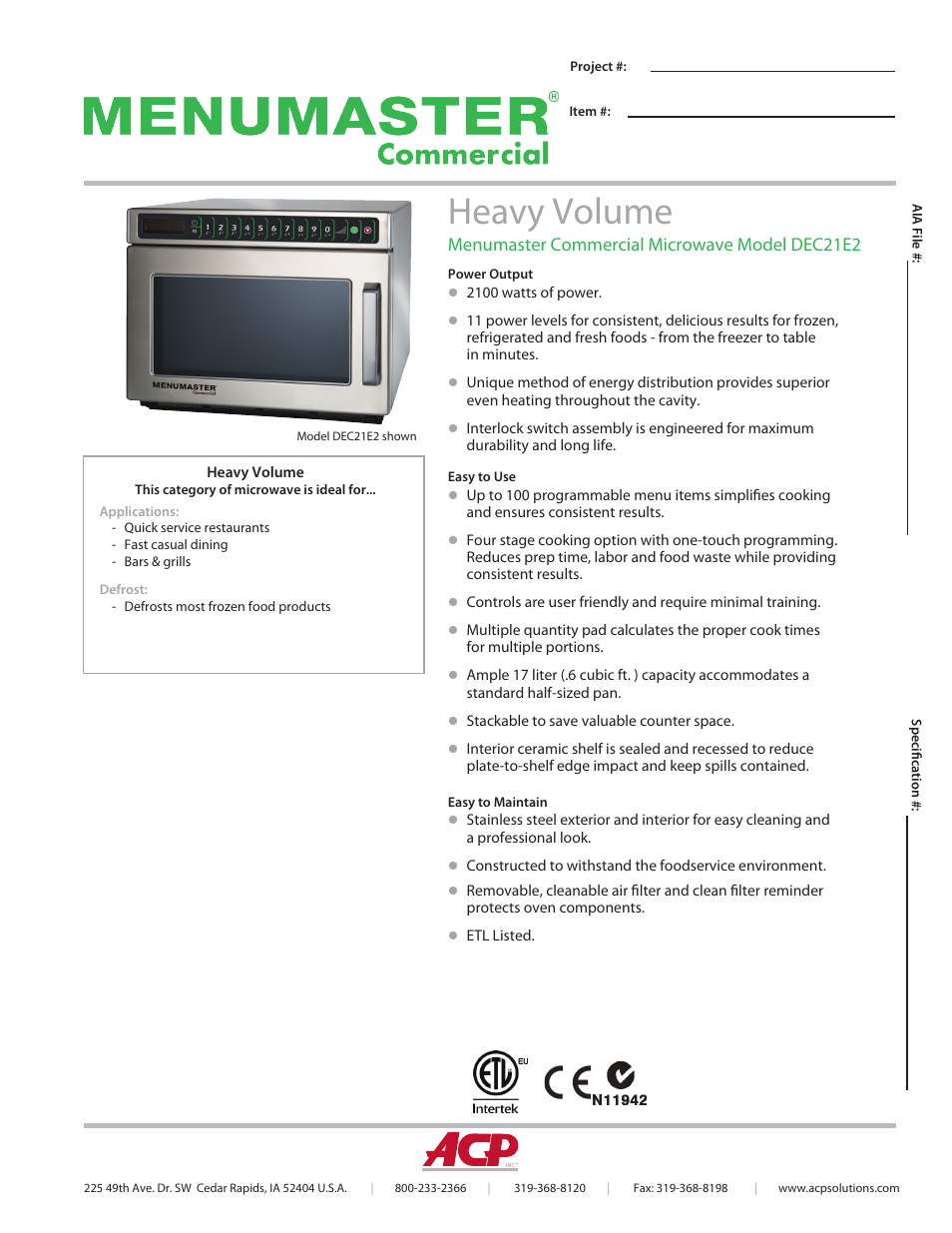 ACP DEC21E2 Spec Sheet User Manual | 2 pages
