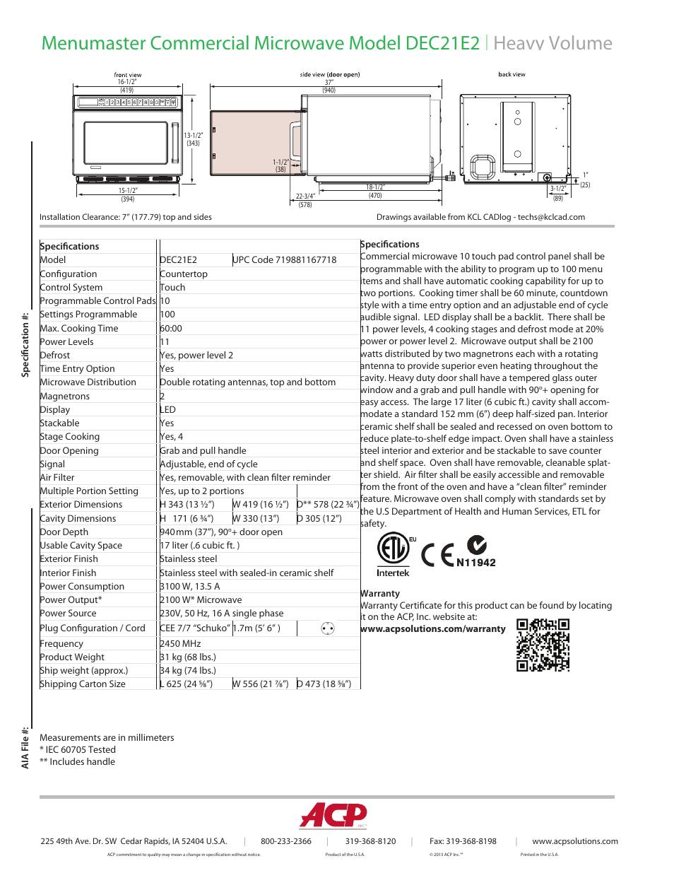ACP DEC21E2 Spec Sheet User Manual | Page 2 / 2