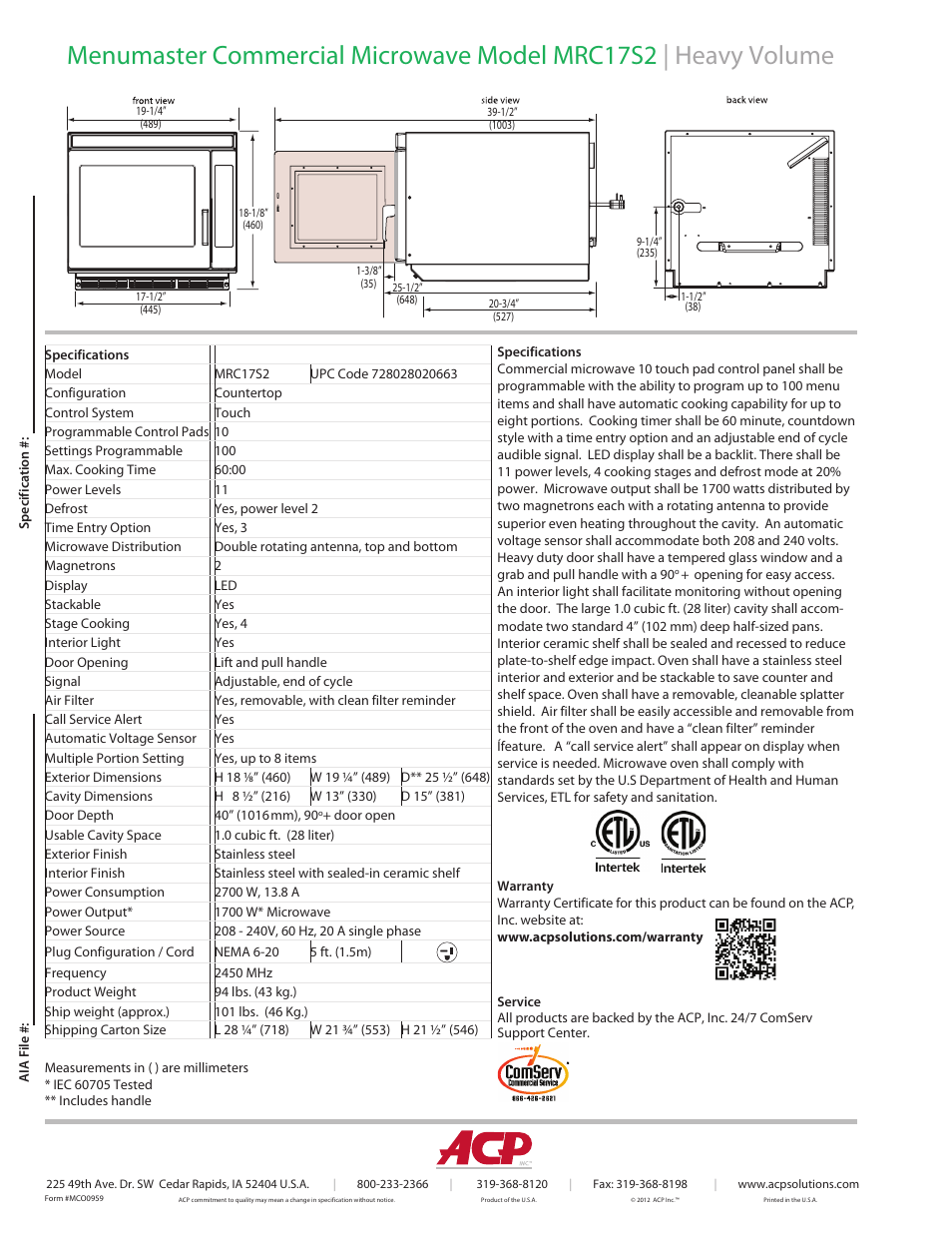 ACP MRC17S2 Spec Sheet User Manual | Page 2 / 2