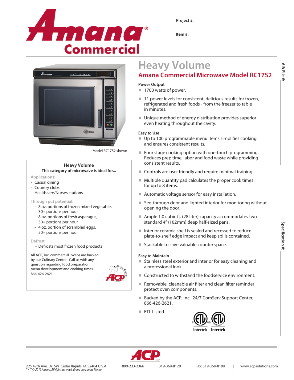 ACP RC17S2 Spec Sheet User Manual | 2 pages