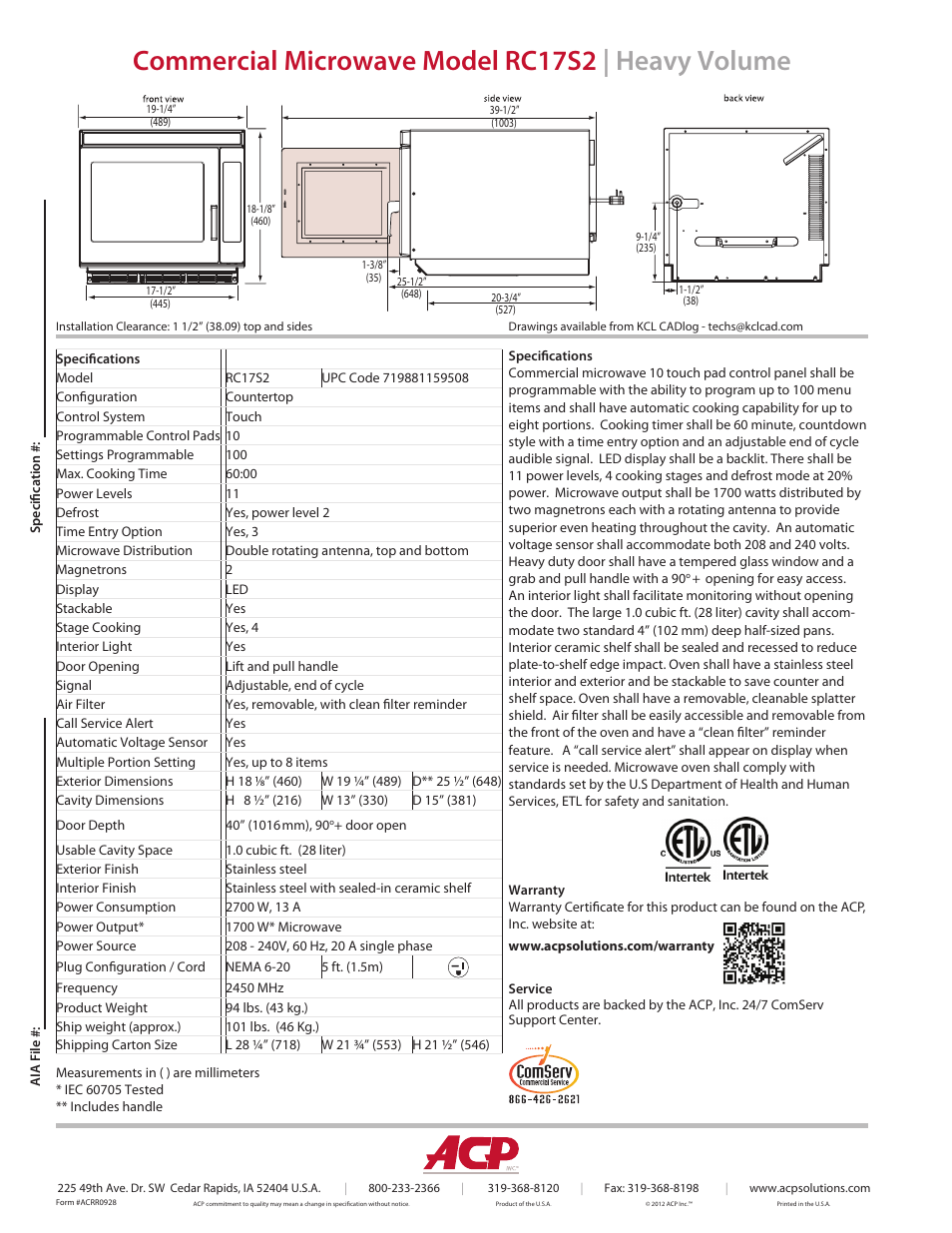 Commercial microwave model rc17s2 | heavy volume | ACP RC17S2 Spec Sheet User Manual | Page 2 / 2