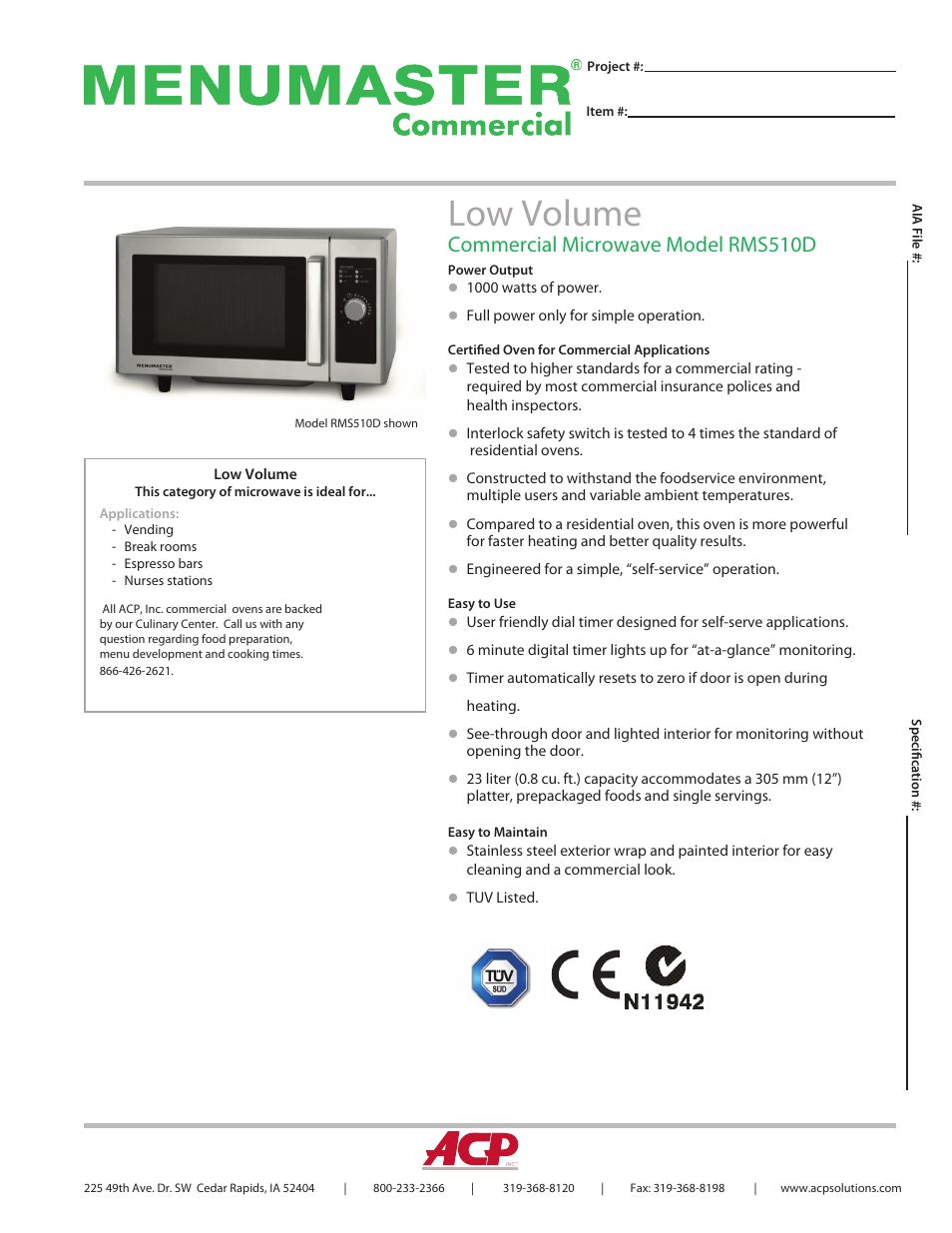 ACP RMS510D Spec Sheet User Manual | 2 pages