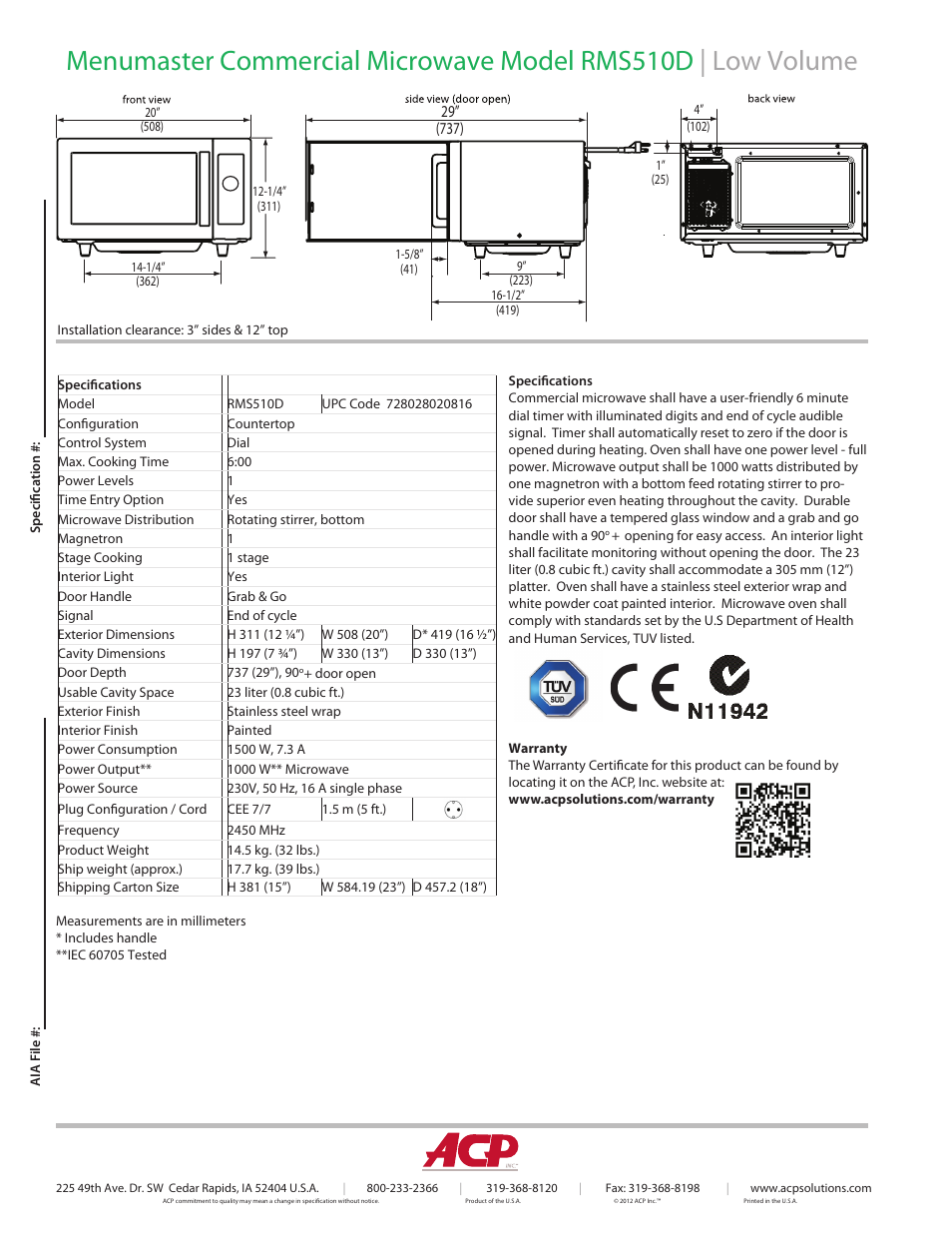 ACP RMS510D Spec Sheet User Manual | Page 2 / 2