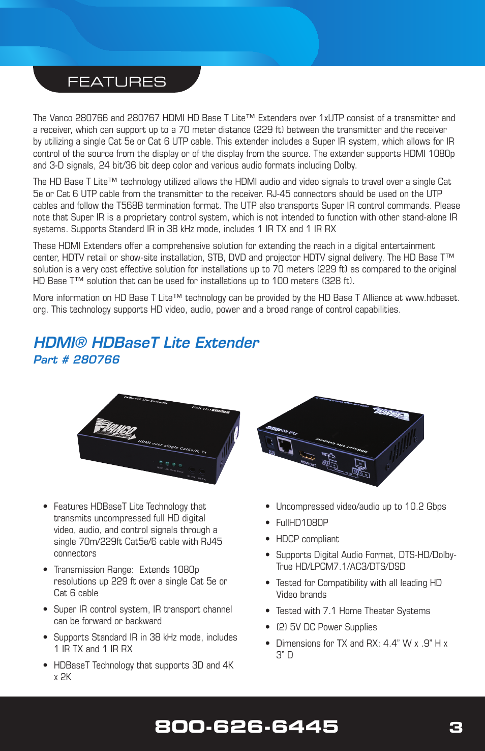 Hdmi® hdbaset lite extender, Features | VANCO VPW-280767 User Manual | Page 3 / 8