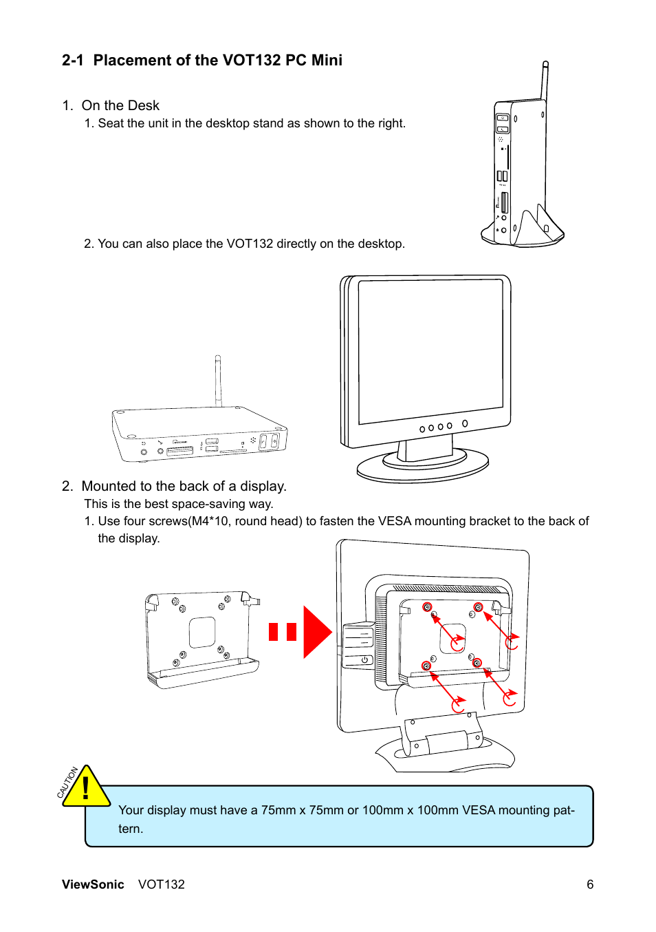 1 placement of the vot132 pc mini | VIEWSONIC PC mini 132 User Manual | Page 13 / 35